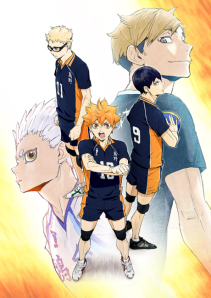 Title image for Haikyuu!!: To The Top. Five high school boys in volleyball uniforms 