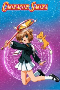 Title image for Cardcaptor Sakura. A young girl in a sailor-style school uniform floats in front of a pink rune. She holds a pink staff with a gold star in it, and a little lion with wings floats nearby as well.