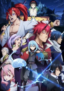 Title image for That Time I Got Reincarnated as a Slime: The Movie - Scarlet Bond. A variety of characters from the cast including a blue slime, horned fantasy ogres, and a black-eyed dapper demon.