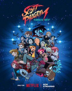 Title image for Scott Pilgrim Takes Off. A ensemble shot of a large cast of mostly young adult characters in winter clothes against a background of stars.
