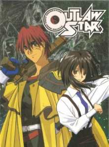 Title image for Outlaw Star. A man with red hair and facial scars wearing a yellow poncho over black futuristic body armor smirks as he holds a large pistol over one shoulder. A shorter woman with long dark hair wearing a white button down shirt with lavender tie and black suspenders stands next to him and grins.
