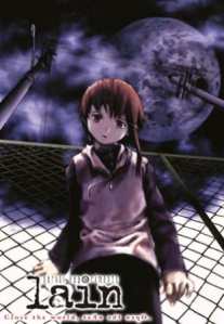 Title image for Serial Experiments Lain. A young girl with short dark hair and a confused expression stands up against a chain link fence under the full moonlight with power lines overhead.