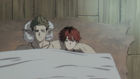 Scene from Frieren S1E11. A young man with short red hair slowly wakes leaning in the arm of a muscular elf man under some blankets.